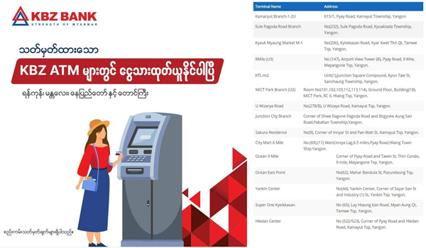 ရန်ကုန် ၊ မန္တလေးနှင့် မြို့ကြီးအချို့ရှိ ATM များတွင် ငွေသားထုတ်ယူနိုင်ပြီဟု KBZ ထုတ်ပြန်
