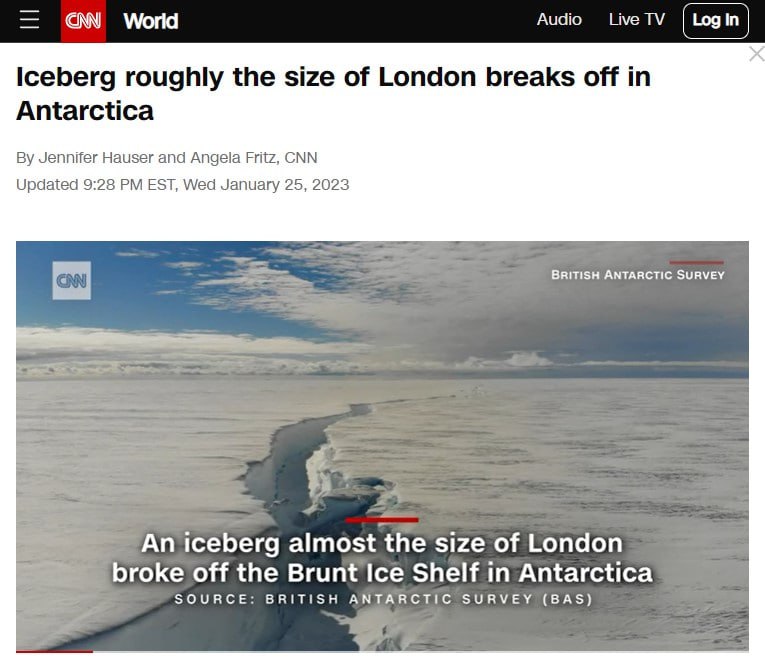 လန်ဒန်မြို့အရွယ်အစားရှိ ရေခဲတောင်တစ်ခု အန္တာတိကတွင် ပြိုကျ