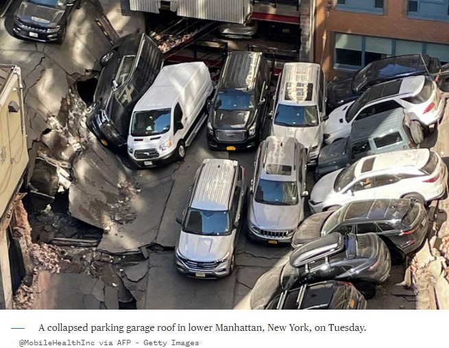 နူးယော့ခ်မြို့တွင် ယာဉ်ရပ်နား အဆောက်အအုံတစ်ခု ပြိုကျ, လူတစ်ဦးသေဆုံး